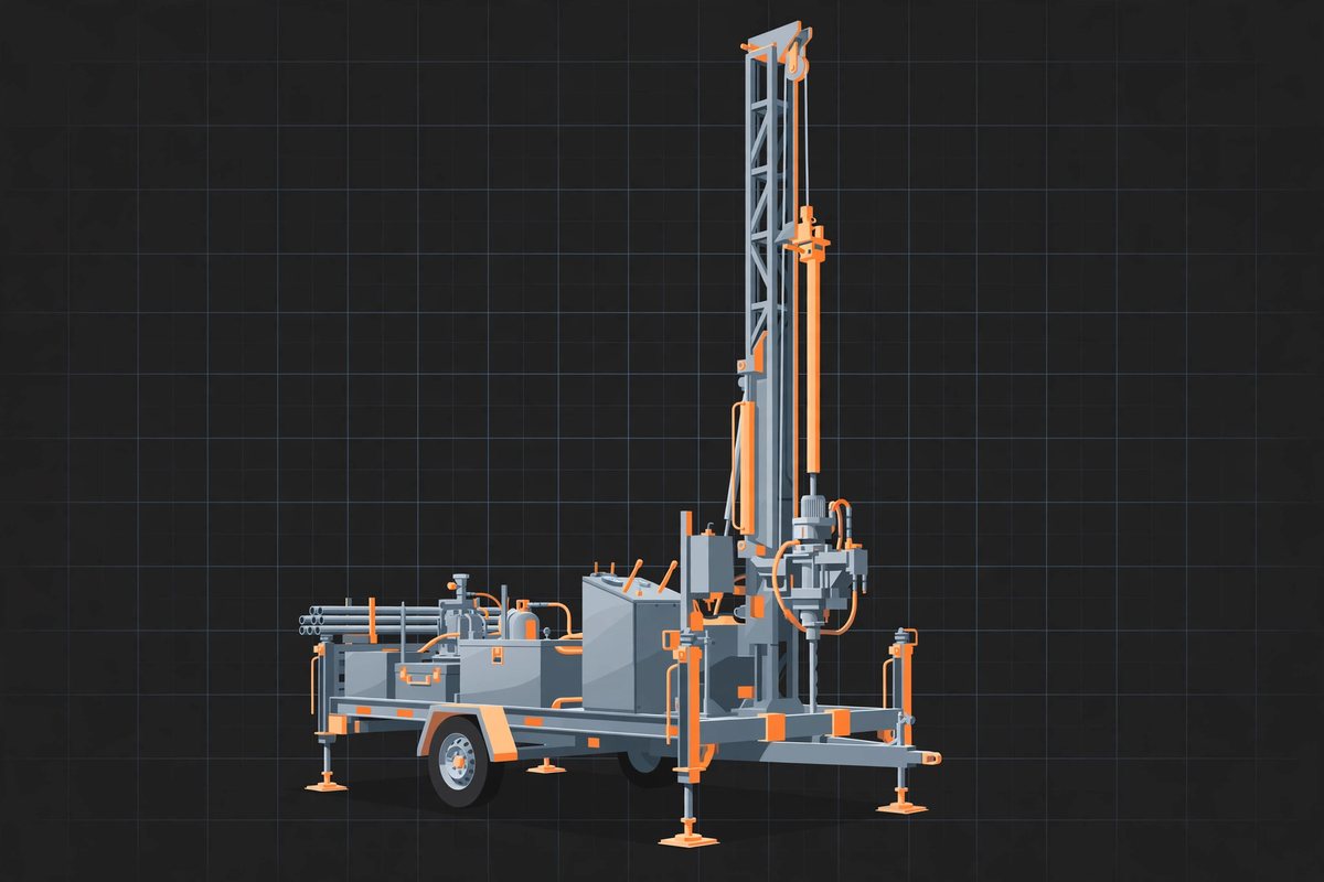 Aquilon 180T trailer-mounted water well drilling rig — concept illustration